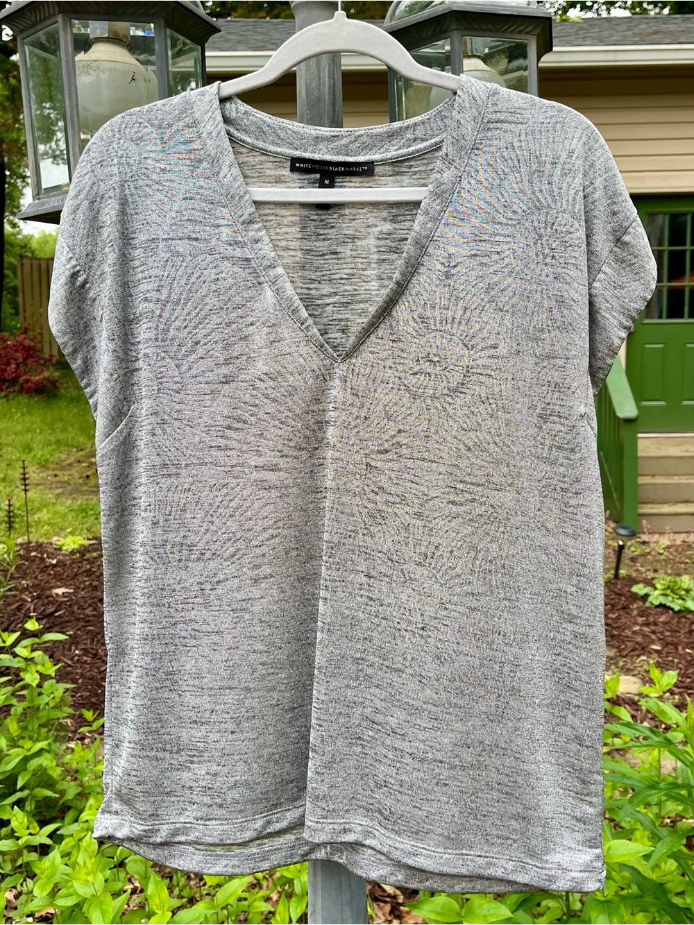 WHBM silver gray metallic V neck tee with sunburst pattern